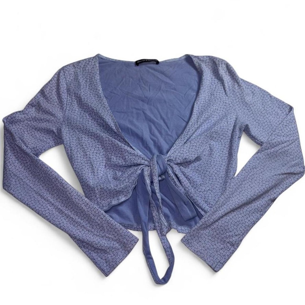 Brandy Melville blue tie front cardigan with small white polka dots